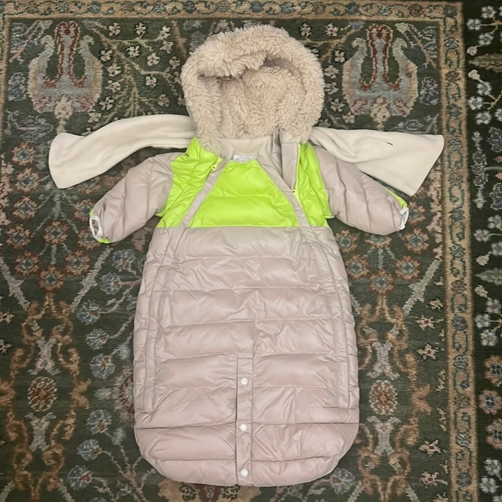 7AM Enfant Doudoune Infant Snowsuit Bunting 0-3 months tan fleece hood NEW